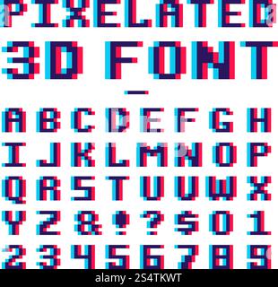 Font 3d pixel per videogiochi. alfabeto latino old school con grafica a 8 bit con effetto di distorsione anaglifo. ABC retro per gioco, pixel alfabetici e numeri, illustrazione a 8 bit. Font 3d pixel per videogiochi. alfabeto latino old school con grafica a 8 bit con effetto di distorsione anaglifo Illustrazione Vettoriale