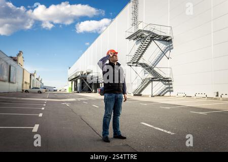 A piena lunghezza ritratto del lavoratore di sesso maschile in posa sul parcheggio di edilizia industriale Foto Stock