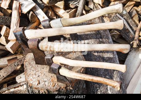 Molti diversi assi in blocco di legno vicino a pila di firewoods Foto Stock