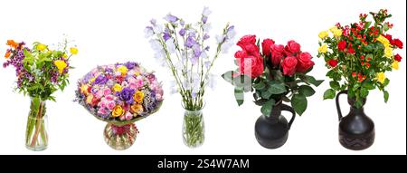Set di mazzi di fiori in vasi isolati su sfondo bianco Foto Stock