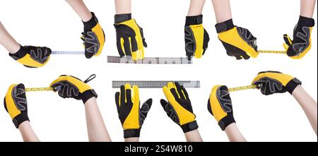 Set di lavoratore in mani guanti di sicurezza con strumenti di misura isolati su sfondo bianco Foto Stock