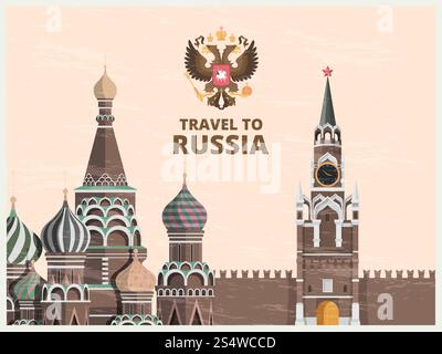 Poster d'epoca o carta di viaggio con illustrazioni dei monumenti culturali russi del cremlino. Illustrazione della città architettonica del cremlino, simbolo della tessera russia. Poster d'epoca o carta di viaggio con illustrazioni dei monumenti culturali russi del cremlino Illustrazione Vettoriale