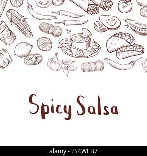 Lo sfondo degli elementi alimentari messicani disegnati dal vettore con il posto per l'illustrazione del testo. Sfondo degli elementi alimentari messicani disegnati dal vettore Illustrazione Vettoriale