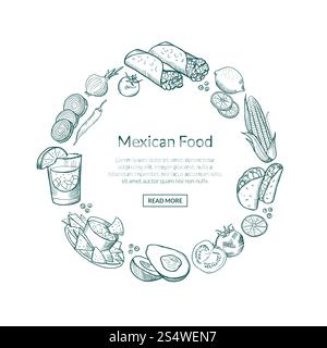Elementi di cibo messicano disegnati dal vettore in forma di cerchio con posizione per il testo al centro. Pasto messicano gustoso, peperoncino da disegno e burrito, nachos e pepe illustrazione. Elementi di cibo messicano disegnati dal vettore in forma di cerchio con posizione per il testo al centro Illustrazione Vettoriale