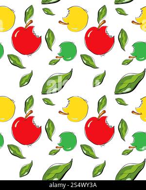 Illustrazione di un motivo senza cuciture con mele a doodle su sfondo bianco Foto Stock