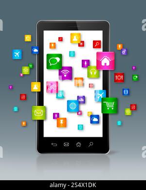 Icone delle app che volano intorno allo smartphone - sfondo grigio. Icone delle app che volano intorno allo smartphone Foto Stock