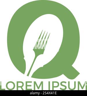 Modello di illustrazione vettoriale del logo Letter Q food. Cucchiaio con logo vettoriale lettera Q. Illustrazione Vettoriale