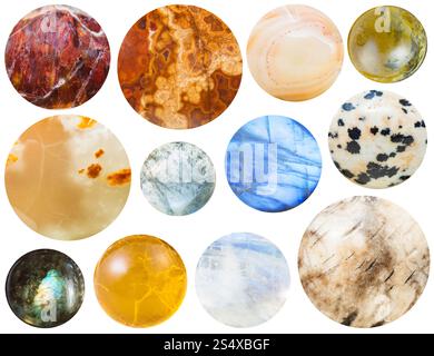 pietre naturali - jasper, fuoco opale, onice marmoreo, labradorite, selenite, pietra di sole, tormalina, pietra di luna, adularia, aplite, dalmata, acquamarina, Foto Stock