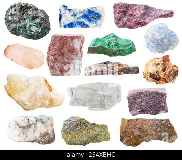 molte rocce e pietre naturali - lazurite, bauxite, eudialiti, alunite, scisto, malachite, pirite, quarzo, aventurina, celestina, celestite, calcite, Foto Stock