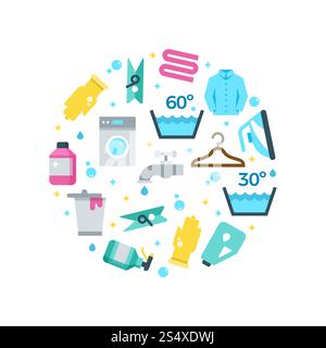 Icone piatte per asciugatura di lavori domestici in forma rotonda su bianco. Illustrazione vettoriale. Icone piatte per asciugatura di lavori domestici, concetto rotondo Illustrazione Vettoriale