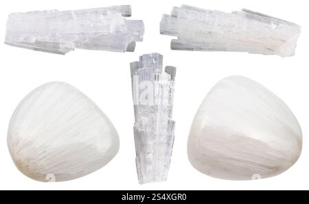 Set di vari minerali naturali - pietre scolecite gemme e cristalli isolati su sfondo bianco Foto Stock