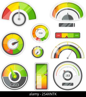 Set di icone dei contatori di livello, del contagiri e del livello della batteria. Immagini vettoriali impostate. Immagine del livello di misurazione e dell'indicatore di alimentazione. Set di icone dei contatori di livello, del contagiri e del livello della batteria. Immagini vettoriali impostate Illustrazione Vettoriale