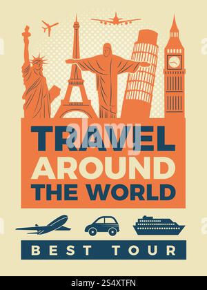 Poster di viaggio con illustrazioni di famosi luoghi di interesse. Viaggi e architettura, turismo e turismo turistico. Poster di viaggio con illustrazioni di famosi luoghi di interesse Illustrazione Vettoriale