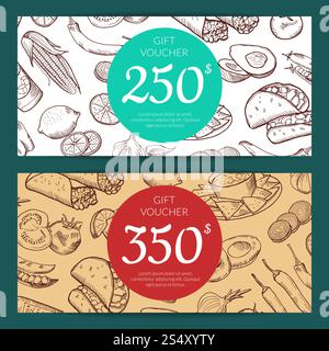 Sconto vettoriale o modello di voucher con elementi di cibo messicano disegnati per l'illustrazione di ristoranti, negozi o caffetterie. Sconto vettoriale o modello di voucher con cibo messicano Illustrazione Vettoriale