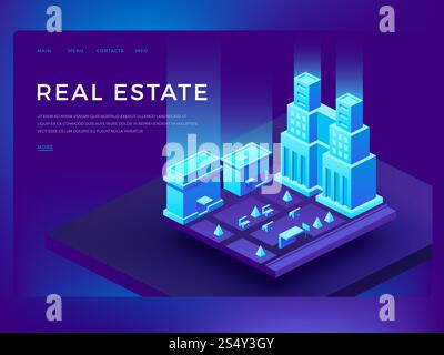 Progettazione di siti Web immobiliari con edifici isometrici 3D. Concetto di innovazione aziendale vettoriale della tecnologia delle città intelligenti. Illustrazione dell'innovazione del paesaggio urbano. Progettazione di siti Web immobiliari con edifici isometrici 3D. Concetto di innovazione aziendale vettoriale della tecnologia delle città intelligenti Illustrazione Vettoriale