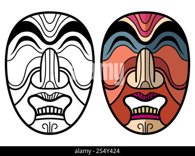 Maschere tradizionali azteche messicane isolate su sfondo bianco. Pagina di colorazione della maschera africana. Illustrazione vettoriale. Maschere tradizionali azteche messicane Illustrazione Vettoriale