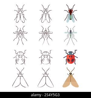 Icone piatte, di linea e di scheggia di insetti. Illustrazione vettoriale. Icone piatte, di linea e di skech di insetti Illustrazione Vettoriale