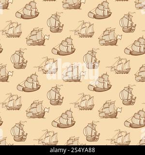 Modello vintage Ships senza cuciture. Sfondo texture barche antiche. Illustrazione vettoriale. Modello vintage Ships senza cuciture. Struttura delle barche antiche Illustrazione Vettoriale