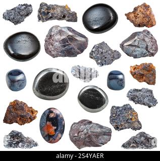 Raccolta di vari burattati e materie ematite pietre minerali isolati su sfondo bianco Foto Stock