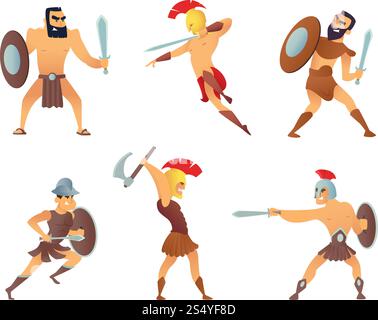 Gladiatori con spade in mano. I personaggi combattenti in azione si pongono. Guerriero in battaglia con la spada, soldato medievale. Illustrazione vettoriale. Gladiatori con spade in mano. I personaggi combattenti in azione si pongono Illustrazione Vettoriale