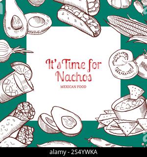 Lo sfondo degli elementi alimentari messicani disegnati dal vettore con un rettangolo bianco con posto per l'illustrazione del testo. Sfondo degli elementi alimentari messicani disegnati dal vettore con posto per il testo Illustrazione Vettoriale