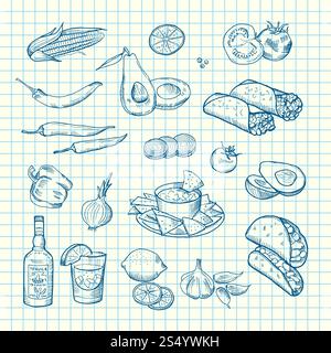 Disegno vettoriale degli elementi alimentari messicani di Set on cell sheet background illustration. Elementi di cibo messicani disegnati dal vettore impostano lo sfondo Illustrazione Vettoriale