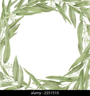 Ghirlanda di rami di salice con foglie verdi. Illustrazione digitale acquerello. Cornice rotonda di rami e foglie isolata su sfondo bianco. Botanico Foto Stock