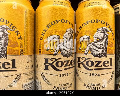 Bobruisk, Bielorussia - 2 gennaio 2025: Vengono mostrate tre vivaci lattine di lager premium, adornate da una giocosa illustrazione di capra e momenti salienti dell'aut Foto Stock