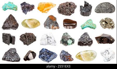raccolta di minerali isolati su bianco. raccolta di vari minerali isolati su fondo bianco: cassiterite, peridotite, jaspillite, Foto Stock