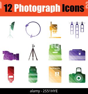 Set di icone di fotografia. Colore sfumatura design. Illustrazione Vettoriale. Foto Stock