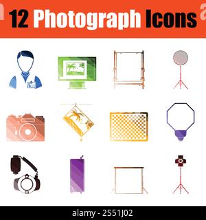 Set di icone di fotografia. Colore sfumatura design. Illustrazione Vettoriale. Foto Stock