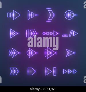 Frecce olografiche al neon direzionali. Puntatori, freccia di navigazione con effetto di luminosità. Set di vettori ui cyber hud tecnologici futuri. Puntatore luminoso luminoso, illustrazione elettrica illuminata. Frecce olografiche al neon direzionali. Puntatori, freccia di navigazione con effetto di luminosità. Set di vettori ui cyber hud tecnologici futuri Illustrazione Vettoriale