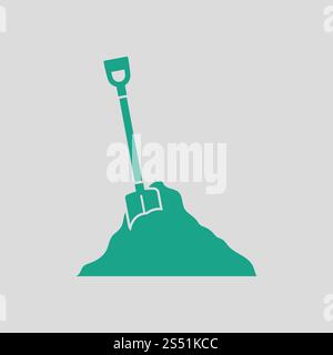 Icona della costruzione di pala e sabbia. Sfondo grigio con verde. Illustrazione Vettoriale. Foto Stock