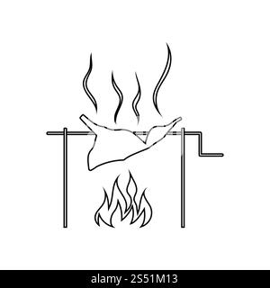 Icona di tostatura di carne sul fuoco. Linea sottile design. Illustrazione Vettoriale. Foto Stock