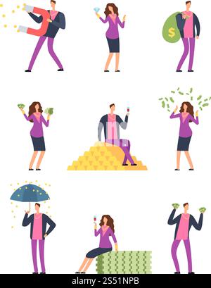 Gente ricca di lusso che spende soldi. Uomo ricco e felice, personaggi vettoriali dei cartoni animati isolati. Contante finanziario, monete d'oro illustrazione finanziaria. Gente ricca di lusso che spende soldi. Uomo ricco e felice, personaggi vettoriali dei cartoni animati isolati Illustrazione Vettoriale