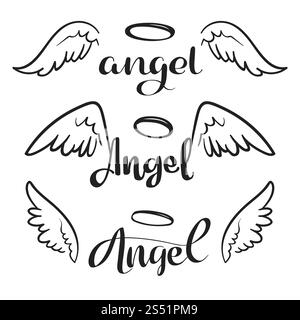 Doodle ali d'angelo volanti con un alone. Disegna ali angeliche. Design vettoriale libertà e religioso del tatuaggio isolato su sfondo bianco. Illustrazione con ali piume, emblema celeste e angelico. Doodle ali d'angelo volanti con un alone. Disegna ali angeliche. Design vettoriale libertà e religioso del tatuaggio isolato su sfondo bianco Illustrazione Vettoriale