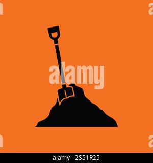 Icona della costruzione di pala e sabbia. Sfondo arancione con nero. Illustrazione Vettoriale. Foto Stock