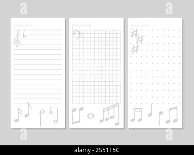 Pagina per le note, le attività da svolgere o l'elenco dei desideri con elementi musicali del set. Illustrazione vettoriale. Pagina per note con elementi musicali Illustrazione Vettoriale