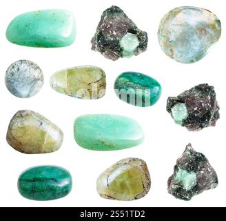 Raccolta di vari berillo verde gemme isolati su sfondo bianco sfondo dal Brasile Foto Stock