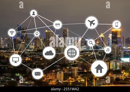 Cityscapes rete con icona del viaggio e icona di shoping Foto Stock