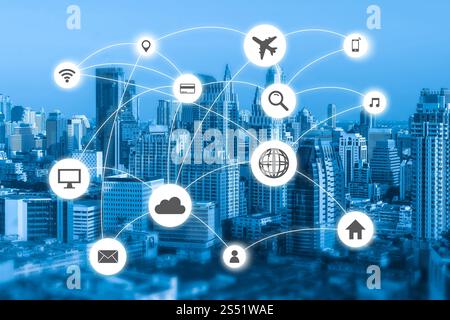 Cityscapes rete con icona del viaggio e icona di shoping Foto Stock