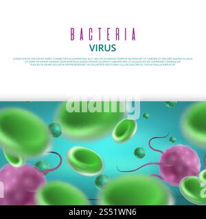 Banner o modello di poster per virus dei batteri vettoriali. Illustrazione modello opuscolo medico sanitario. Modello banner virus virus batteri vettoriali. Modello di opuscolo medico per il settore sanitario Illustrazione Vettoriale