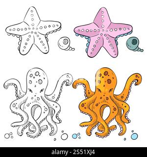 Design della pagina di colorazione Ocean Life. Stelle marine e polpi isolati su sfondo bianco. Illustrazione vettoriale. Design della pagina di colorazione Ocean Life. Stelle marine e polpo Illustrazione Vettoriale