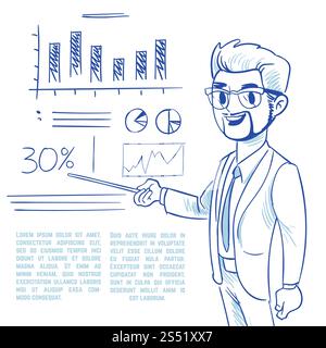 Uomo d'affari che presenta grafici di sviluppo di aziende aziendali. Disegna a mano uomo e sfondo grafico. Banner e poster per la creatività. Illustrazione vettoriale. Uomo d'affari che presenta grafici di sviluppo di aziende aziendali. Disegna a mano uomo e sfondo grafico Illustrazione Vettoriale