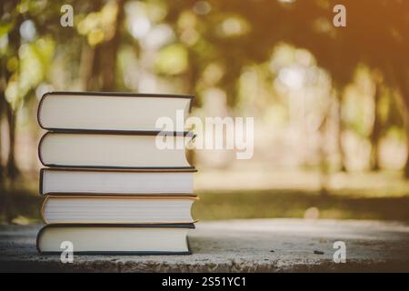Pila di libri con tono vintage sulla natura dello sfondo. Foto Stock