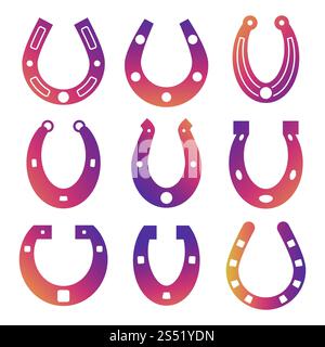 Icone di scarpe da cavallo luminose isolate su sfondo bianco. Set di emblemi della fortuna colorati. Illustrazione vettoriale. Icone delle scarpe da cavallo isolate su sfondo bianco Illustrazione Vettoriale