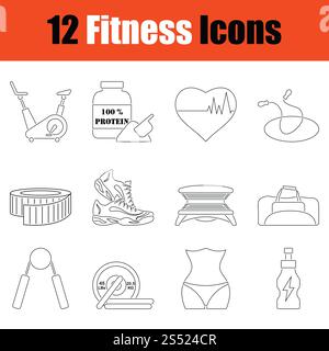 Icona Fitness set. Linea sottile design. Illustrazione Vettoriale. Foto Stock