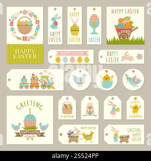Etichette, etichette con illustrazioni del tema pasquale con conigli, piante e uova colorate. Coniglio pasquale, adesivo per le vacanze primaverili con fiori e animali vettoriali. Etichette, etichette con illustrazioni del tema pasquale con conigli, piante e uova colorate Illustrazione Vettoriale