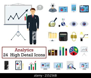 Set di 24 icone di analisi. Design piatto a colori. Illustrazione vettoriale. Foto Stock