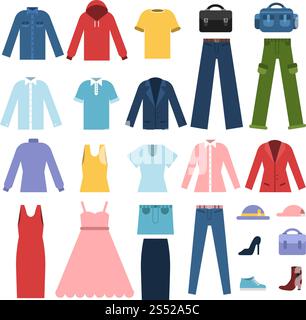 Set di abiti diversi per uomo e donna. Illustrazione di abbigliamento maschile e femminile vettoriale. Set di abiti diversi per uomo e donna Illustrazione Vettoriale